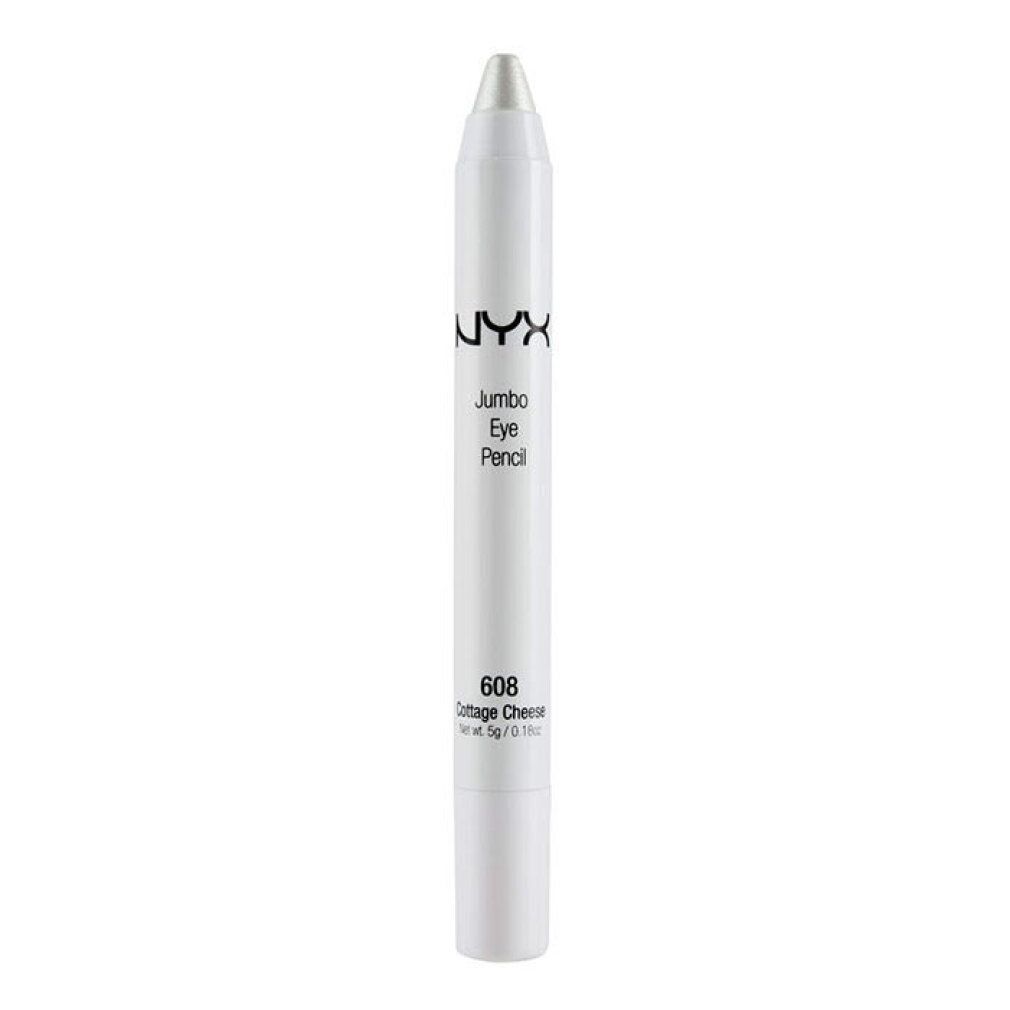 Matita Jumbo Eye Pencil bianca NYX. Punta argentata. Nome del prodotto e numero colore 608 Cottage Cheese.