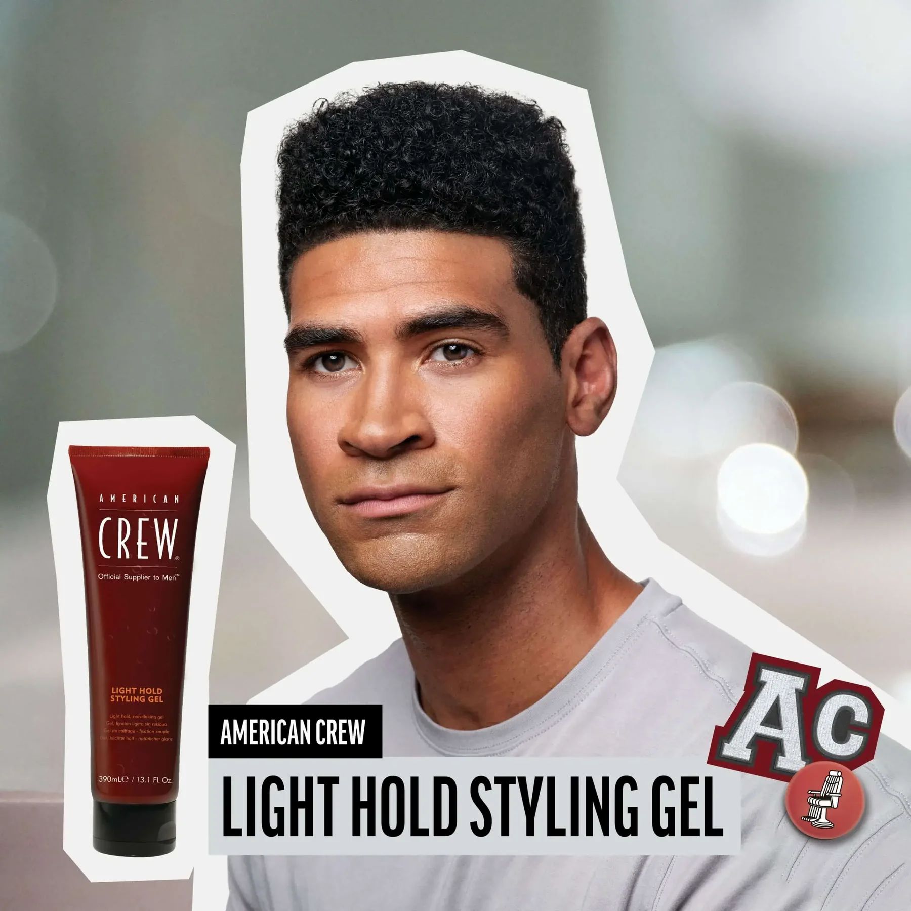 Uomo con acconciatura, accanto al prodotto. Prodotto: American Crew Light Hold Styling Gel. Logo AC.