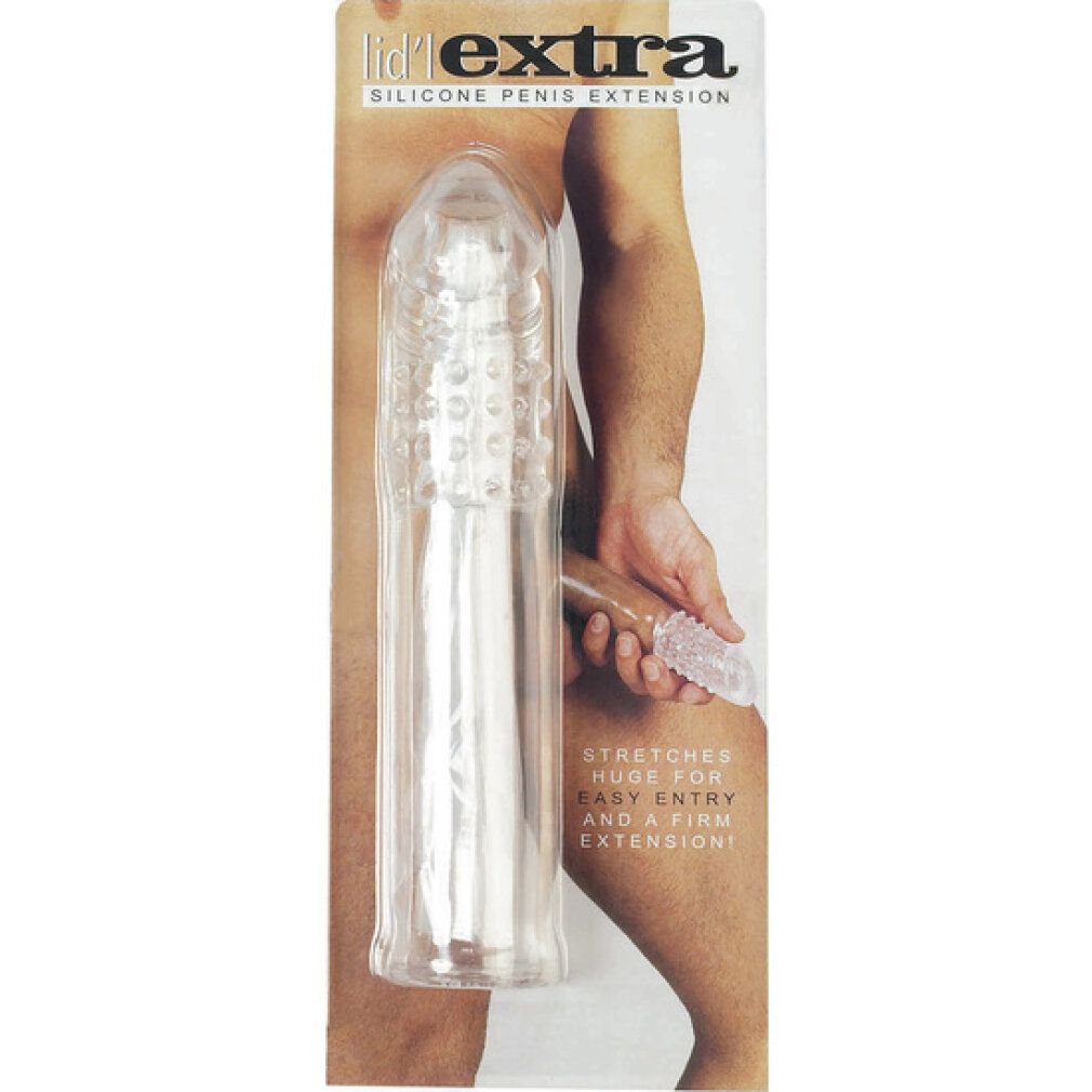 Confezione con estensione del pene in silicone. Nome prodotto: lidl extra. Prodotto trasparente, uomo sullo sfondo.