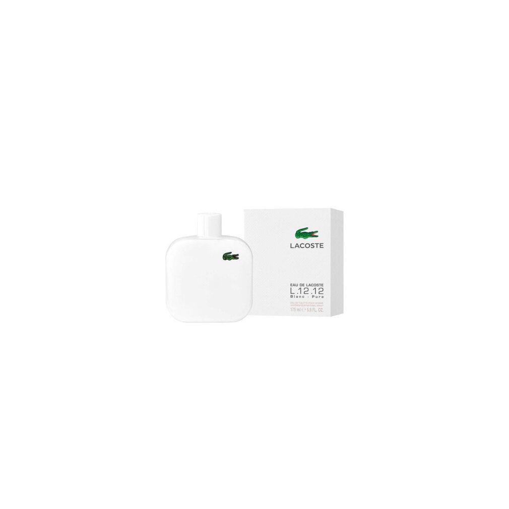 Eau de toilette bianco Lacoste L.12.12. Flacone e confezione con logo coccodrillo. Scritta: Eau de toilette.