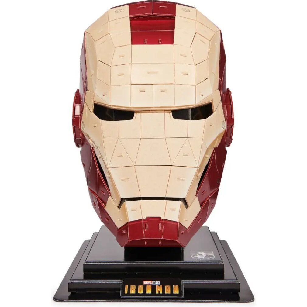 Puzzle Casco Iron Man, rosso e beige. Su base nera. Vista frontale.