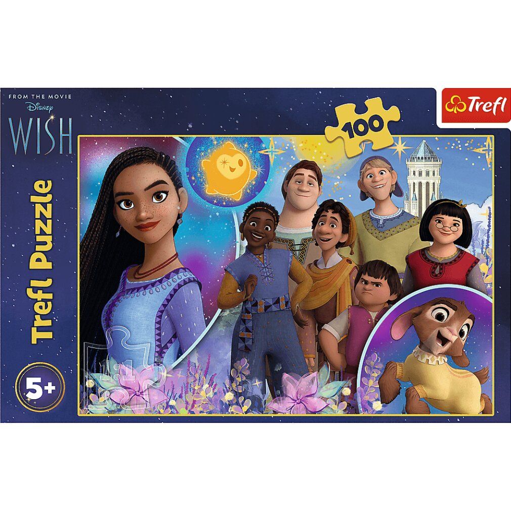 Puzzle con personaggi del film. Logo, età consigliata e 100 pezzi. Logo Trefl.