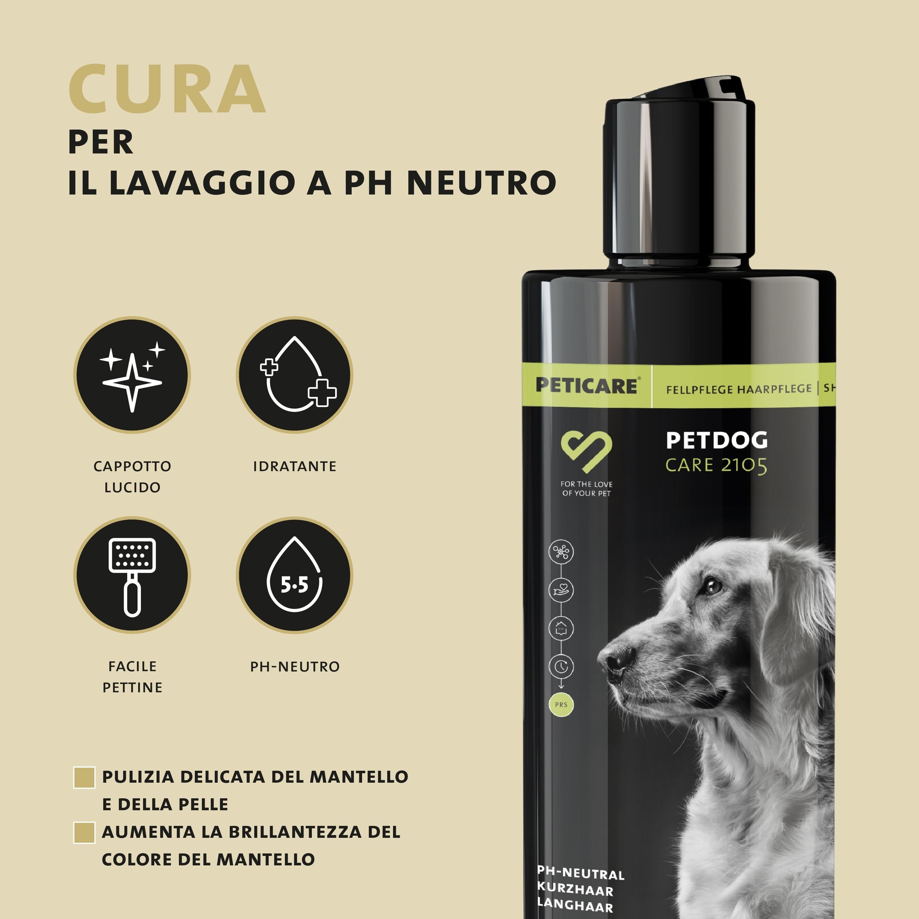 Shampoo per cani Peticare. Testo: Cura per lavaggio pH neutro. Lucentezza del pelo. Idratante. Facile pettinatura.