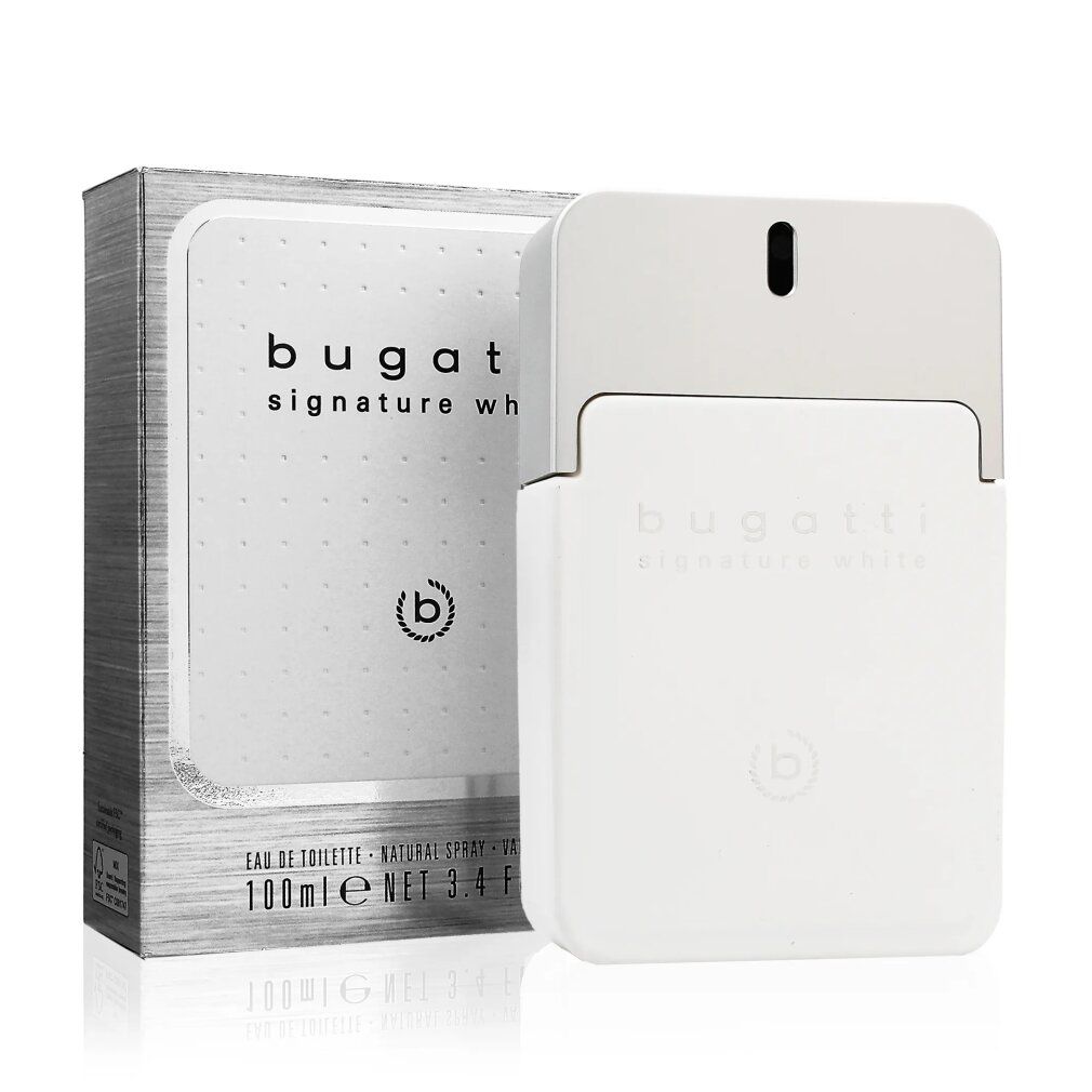 Eau de toilette bianco con tappo argentato e confezione. Scritta: Bugatti Signature White. Logo 'b'.