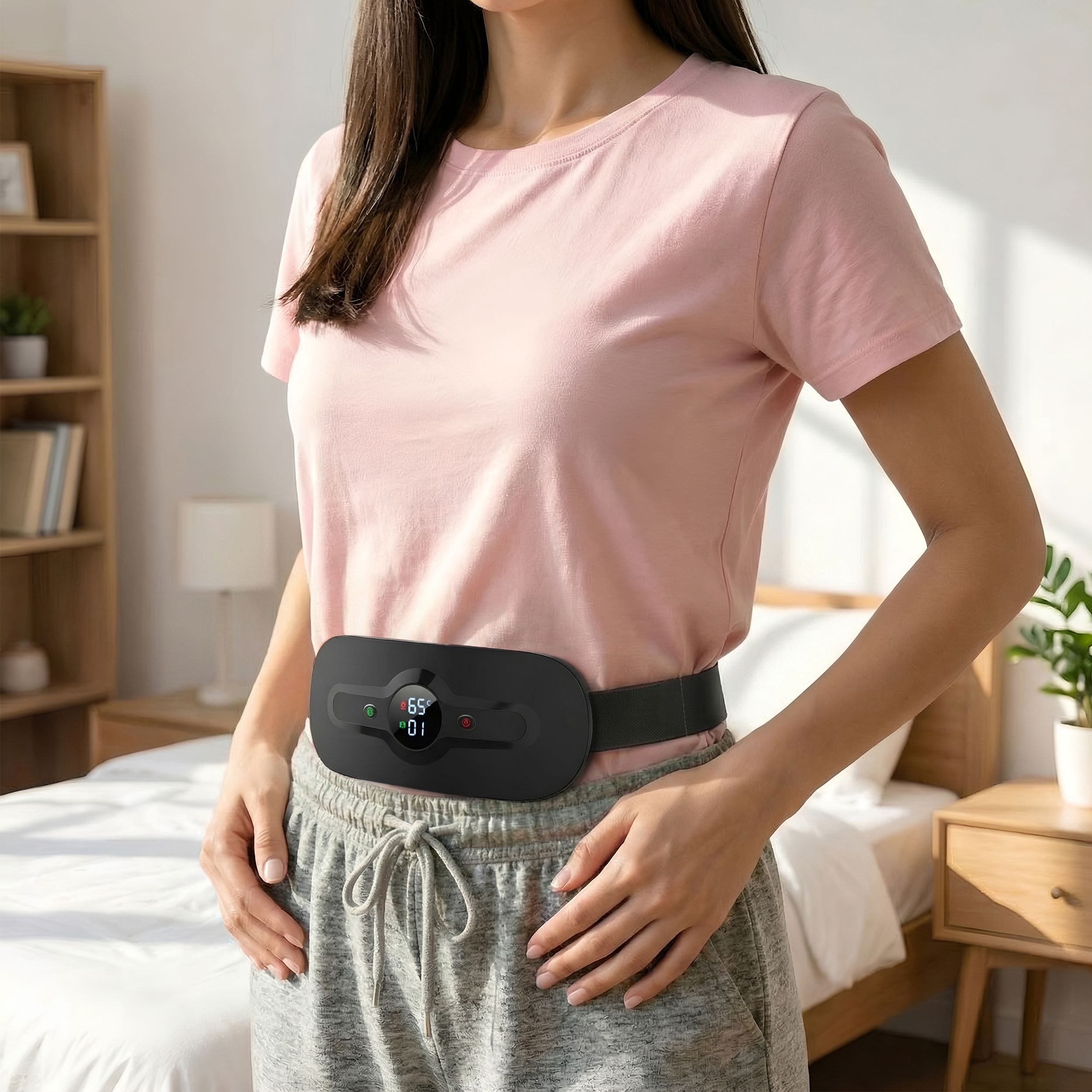 Cintura mestruale riscaldante nera intorno alla vita di una donna. Display digitale visibile. La donna indossa abiti sportivi.