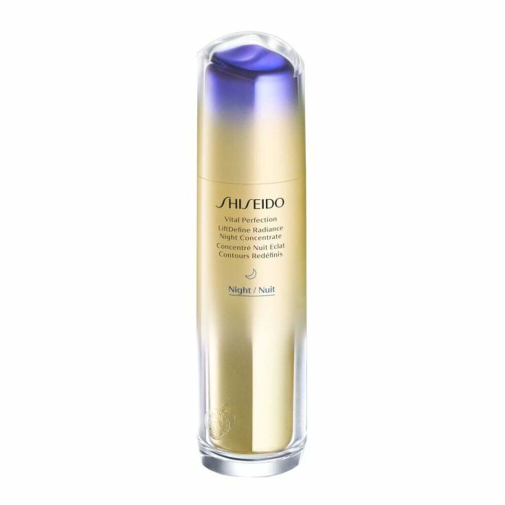 Flacone dorato con tappo viola. Scritta: Shiseido Vital Perfection LiftDefine Radiance Concentré de Nuit.