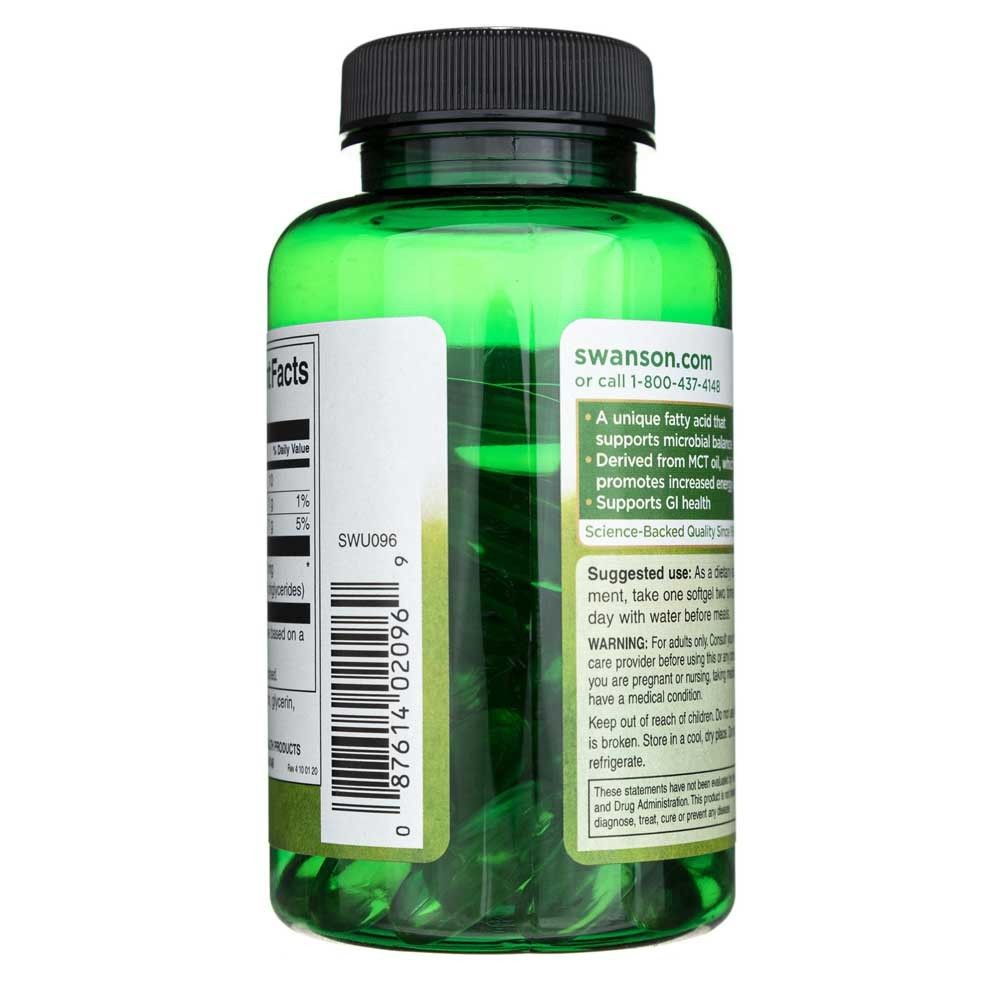 Lato di un flacone verde di softgel di acido caprilico, codice a barre e informazioni sul prodotto.