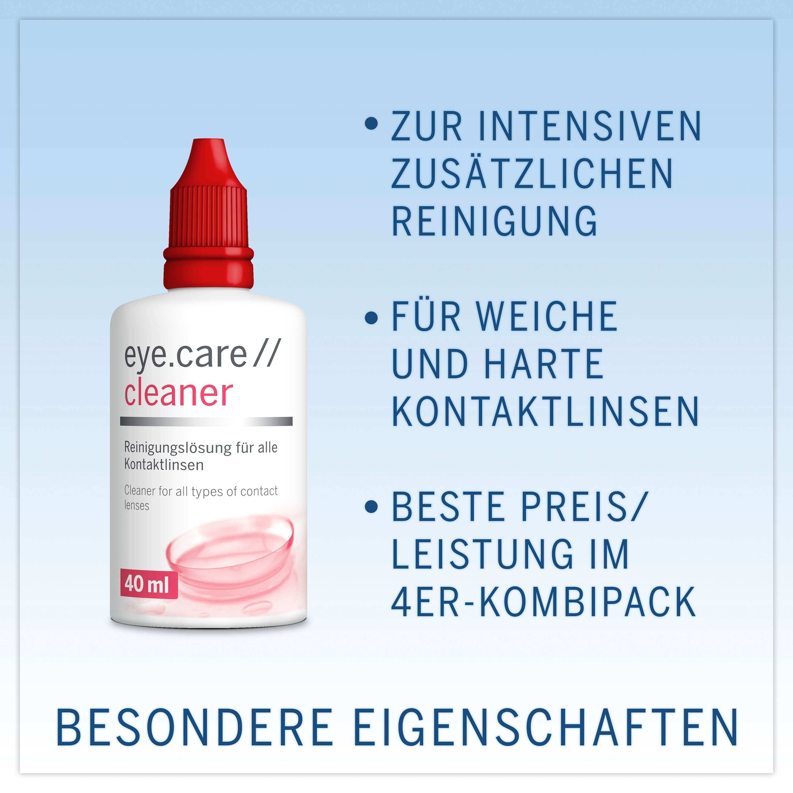 Soluzione detergente per lenti a contatto, flacone bianco con tappo rosso. Testo: eye.care // cleaner, 40 ml.