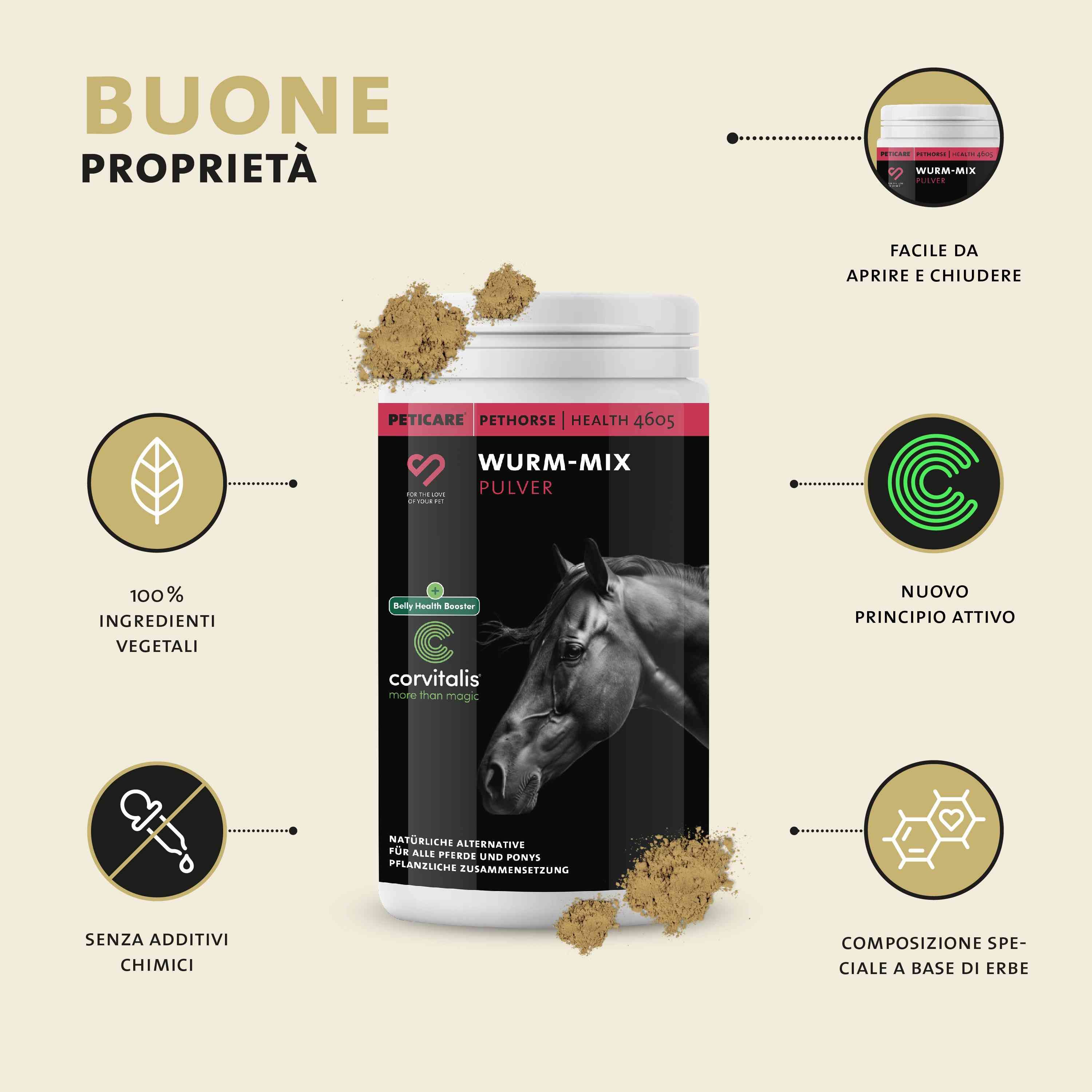 Peticare Wurm-Mix polvere: 100% vegetale, senza additivi, a base di erbe.