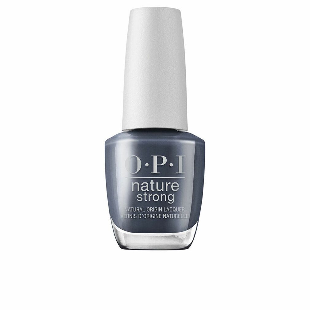 Flacone di smalto per unghie OPI Nature Strong. Liquido grigio, tappo bianco. Scritta: OPI, Nature Strong.
