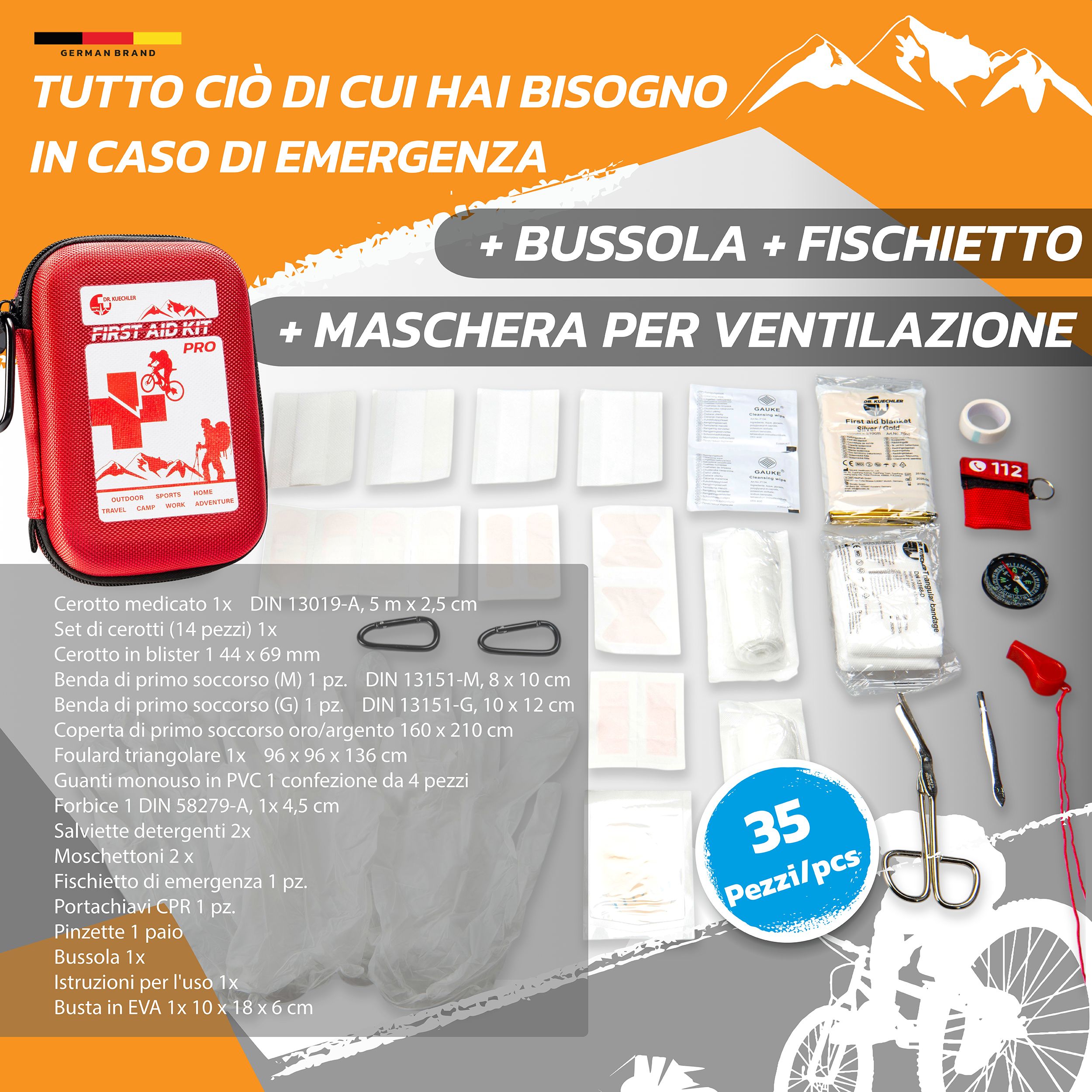 Kit di pronto soccorso rosso PRO con accessori: bussola, fischietto, maschera respiratoria, pinzetta, forbici, cerotti, ecc. 35 pezzi.