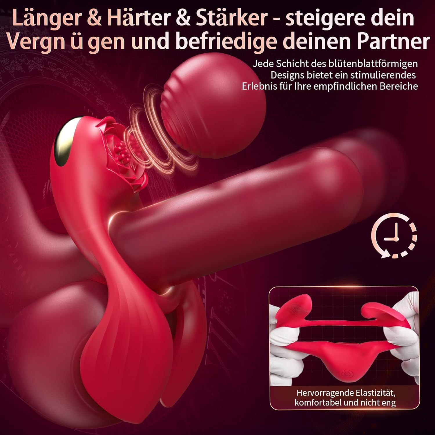 Vibratore rosso con attacco a forma di rosa, in uso. Testo: Più lungo & più duro & più forte. Grafico mostra l'elasticità.