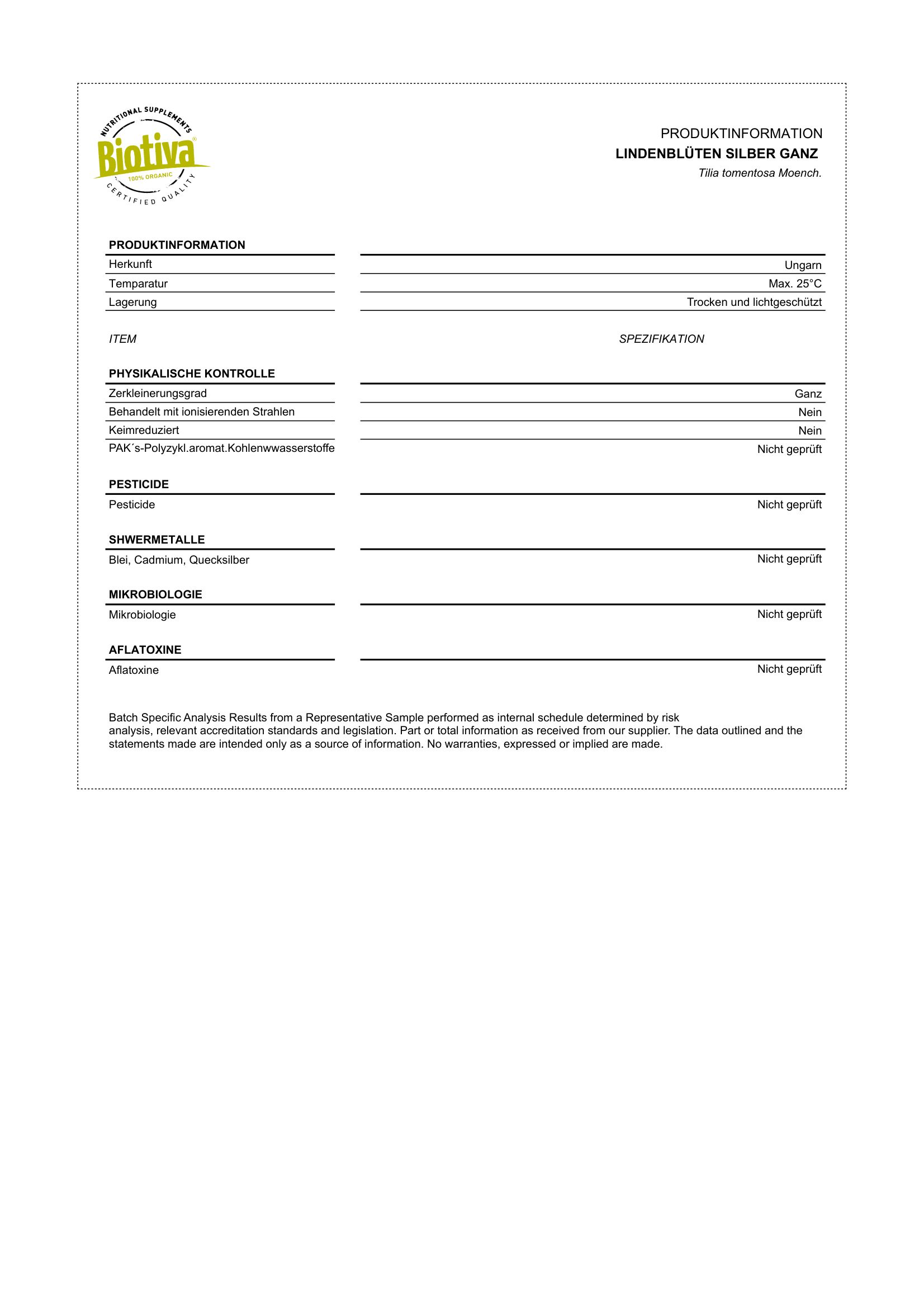 Scheda informativa del prodotto con specifiche e risultati dell'analisi. Testo in tedesco.