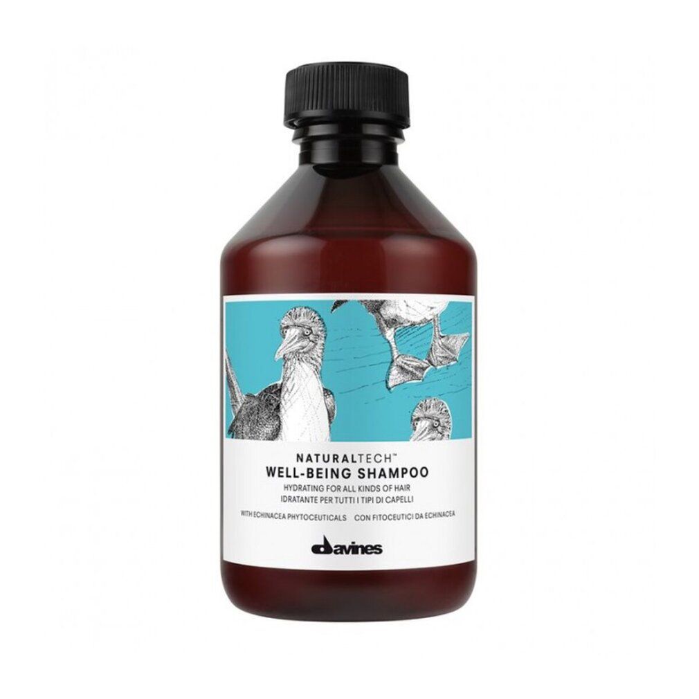Flacone marrone con tappo nero. Etichetta con nome del prodotto e illustrazione. Davines Naturaltech Well-Being Shampoo.