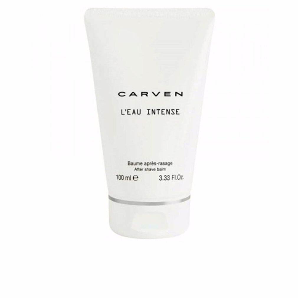 Tubo bianco con scritta CARVEN L'EAU INTENSE. Sotto, Baume après-rasage e 100 ml. Anello argentato in basso.