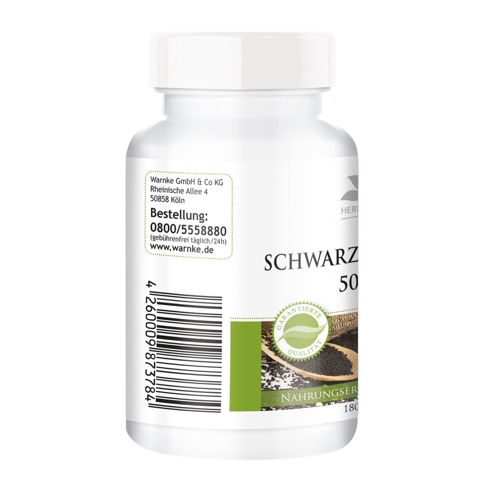 Retro del flacone bianco di capsule. Testo: "SCHWARZKÜMMEL-ÖL 500MG". Logo "Herbadirekt". Informazioni di contatto e indirizzo.