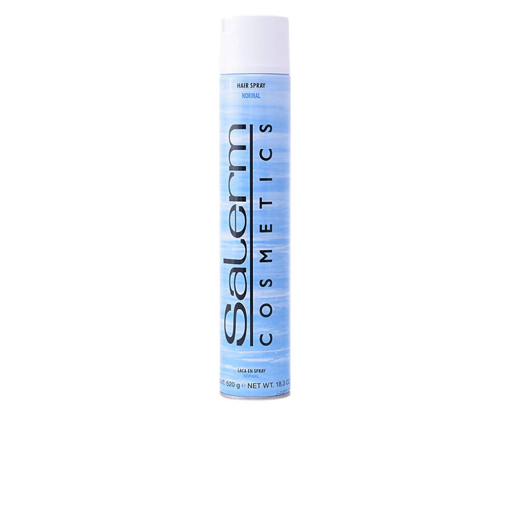 Bomboletta spray per capelli, tappo bianco, testo blu. Scritta: Salerm Cosmetics, Hair Spray Normal.