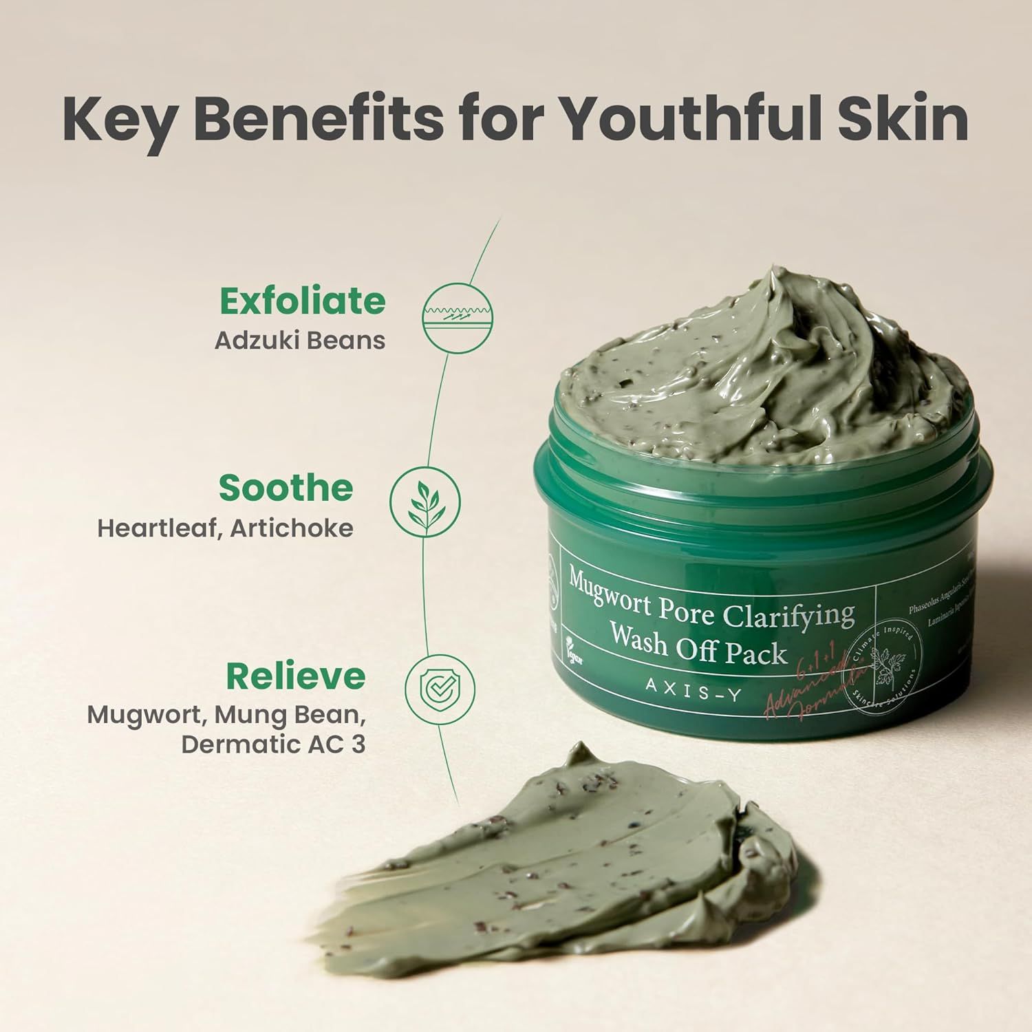 Maschera per il viso in un vasetto. Testo: Key Benefits for Youthful Skin. Ingredienti: Mugwort, Heartleaf, Adzuki Beans.