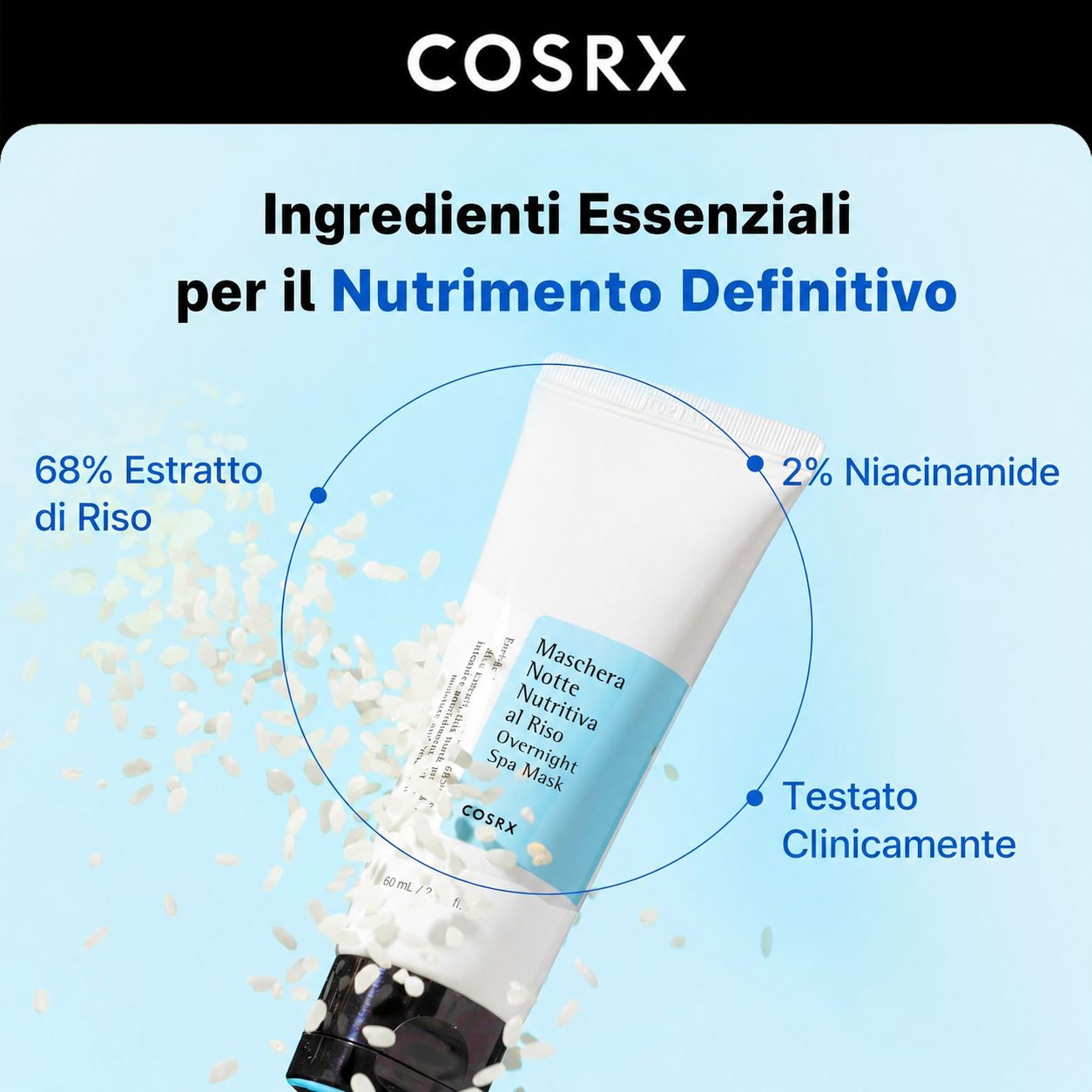 Tubo bianco con testo blu. Contiene il 68% di estratto di riso e il 2% di niacinamide. Clinicamente testato. Marchio COSRX.