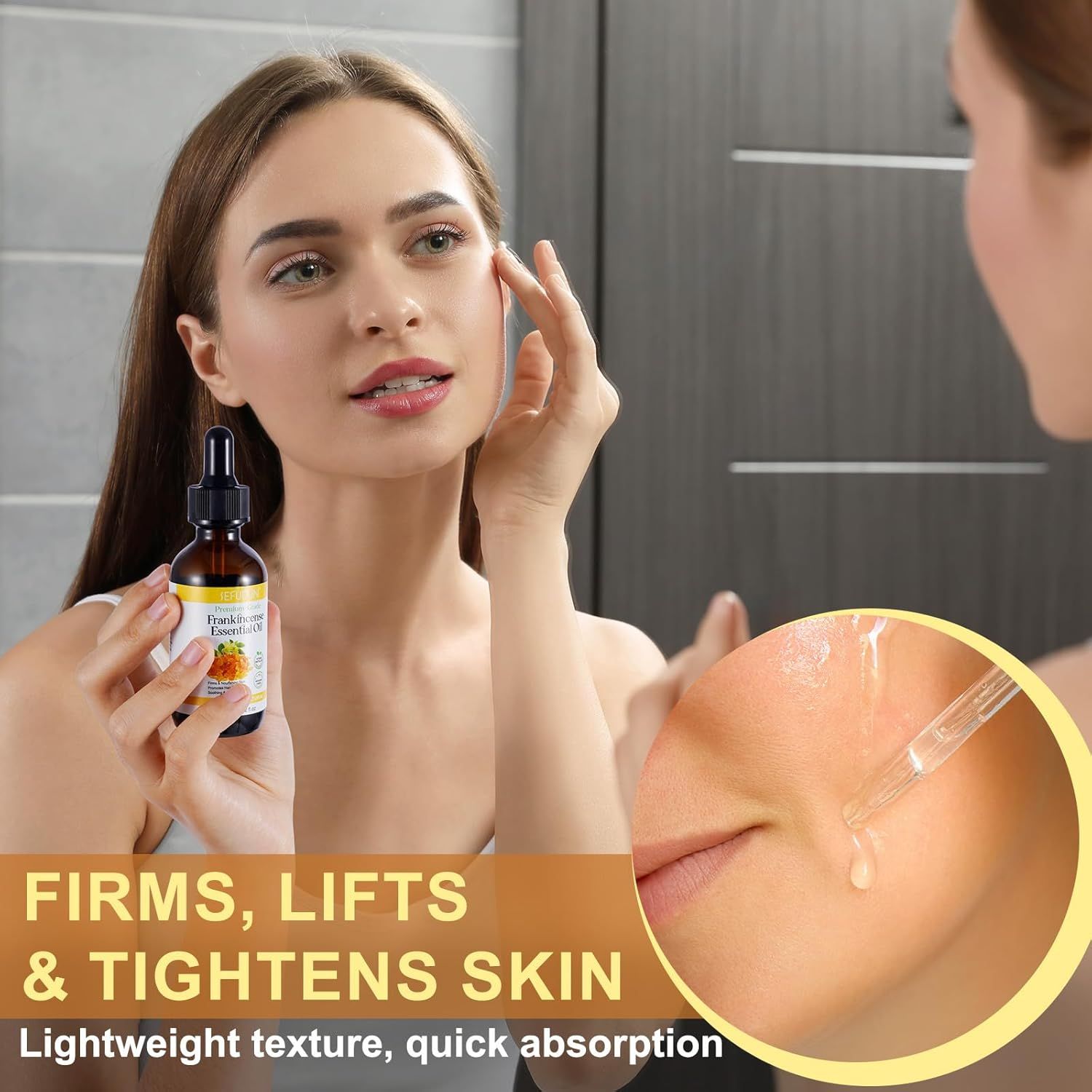 Donna applica olio di incenso. Flacone con contagocce. Testo: Rassoda, solleva e tonifica la pelle. Texture leggera, rapido assorbimento.