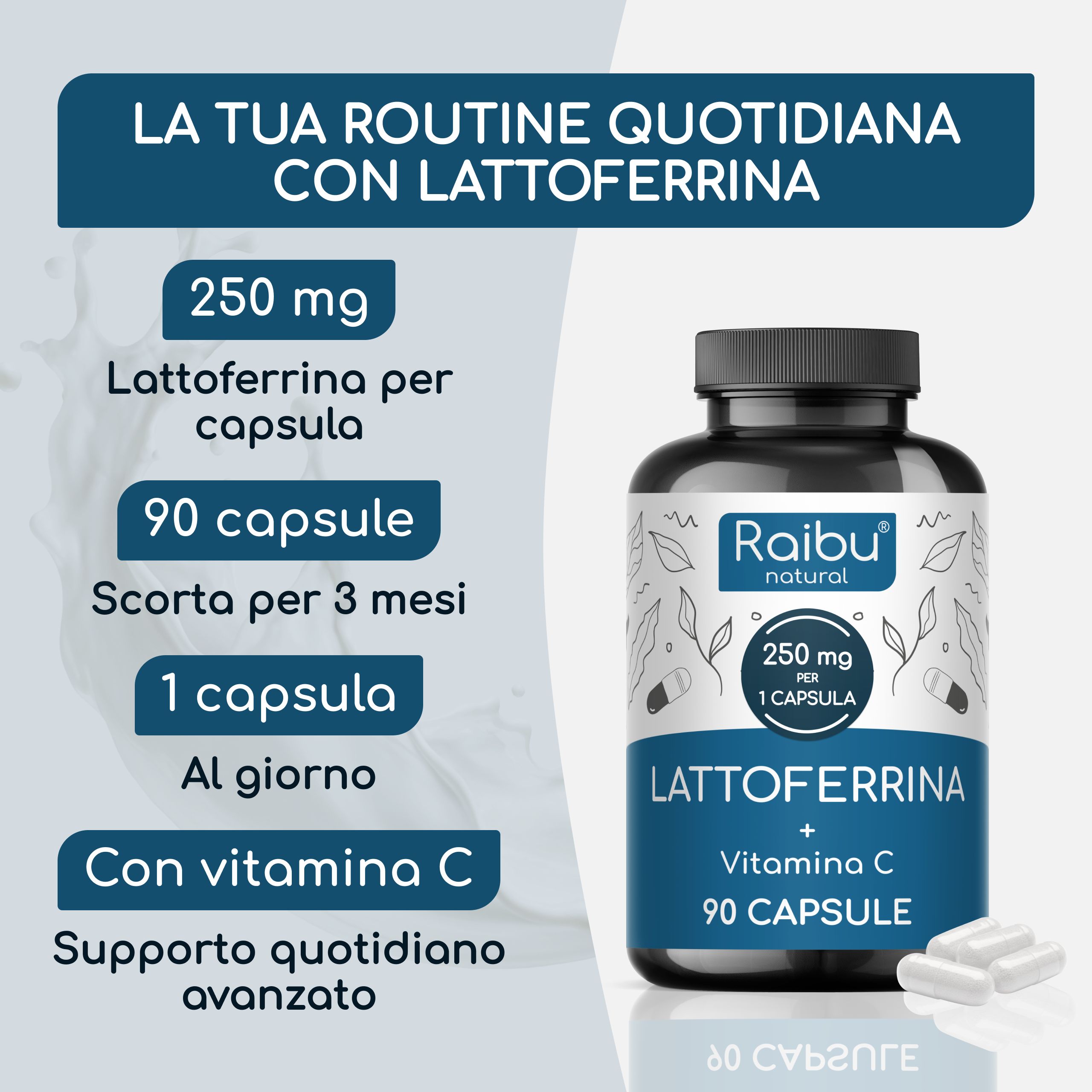 Lattoferrina 250 mg per Capsula + vitamina C - per assorbimento del ferro e immunità - RAIBU