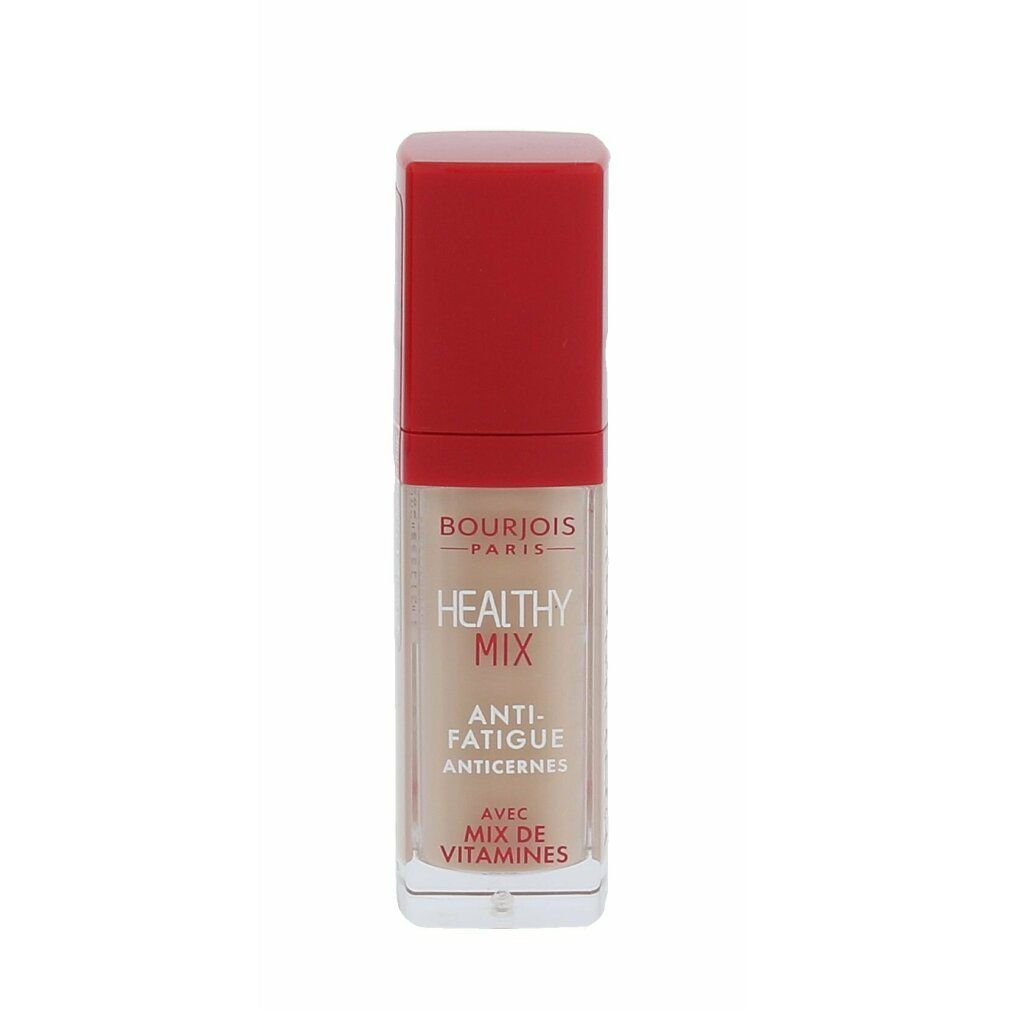 Correttore Bourjois Healthy Mix tonalità chiara con tappo rosso. Flacone trasparente che mostra il prodotto beige chiaro.