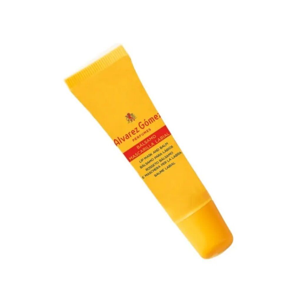 Tubo giallo con fascia rossa. Scritta: Alvarez Gómez, Balsamo Mascarilla Labial. Testo multilingue.