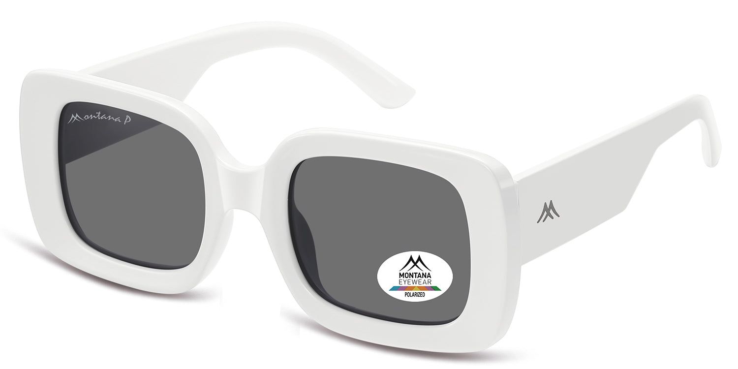 Occhiali da sole bianchi, lenti grigie. Forma rettangolare, angoli arrotondati. Logo Montana Eyewear sulla stanghetta e sulla lente. Polarizzati.