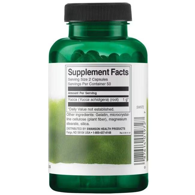 Retro del flacone verde. Scritta: Supplement Facts. Yucca (radice) 1g. Altri ingredienti: gelatina, etc. SWANSON HEALTH PRODUCTS.