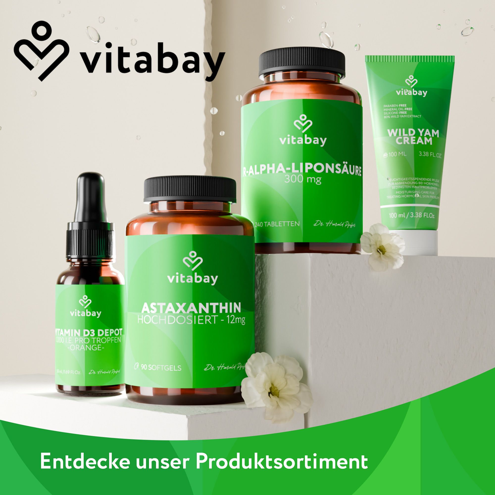 Vari prodotti Vitabay: capsule, gocce, crema. Logo Vitabay. Testo: Scopri la nostra gamma di prodotti.