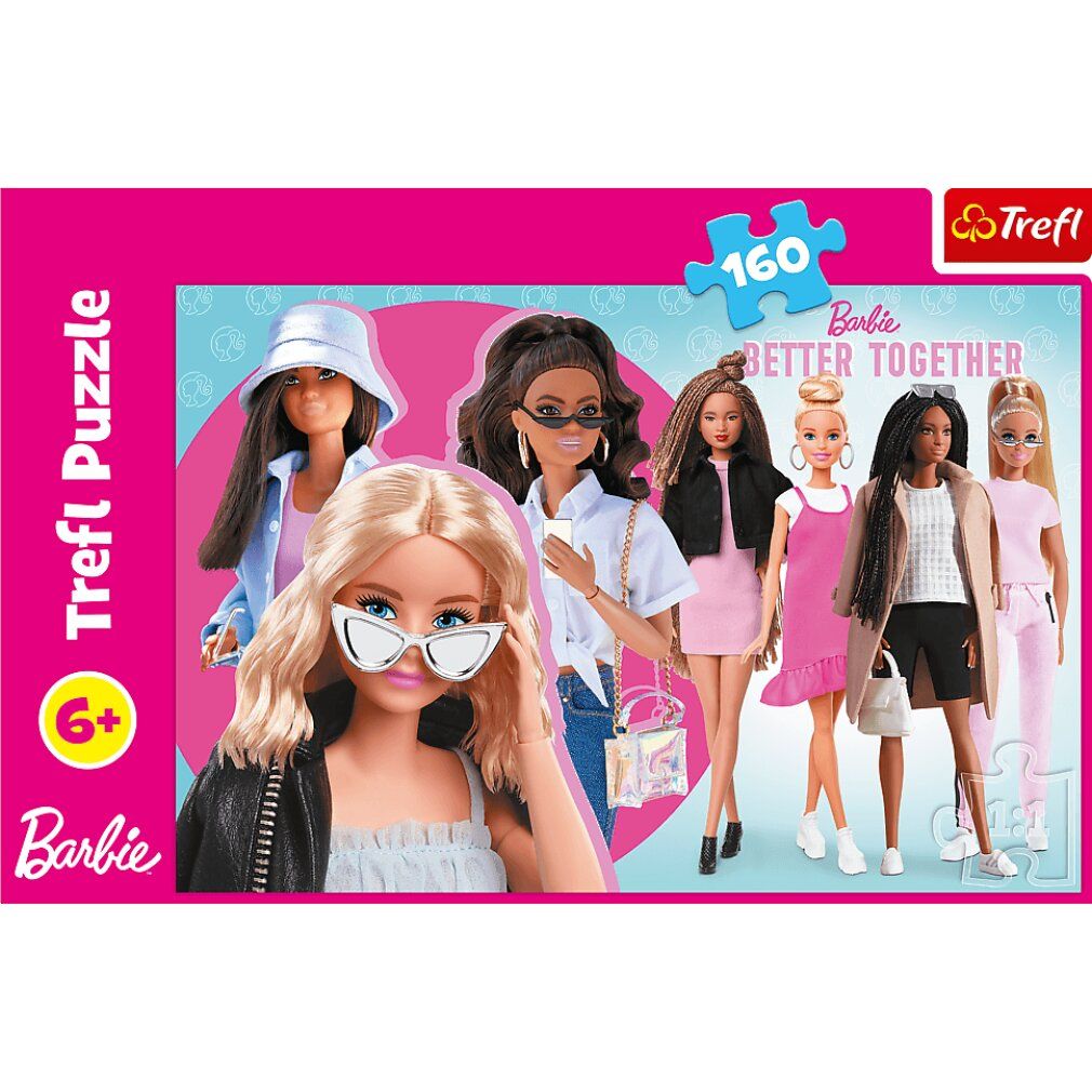 Puzzle Trefl Barbie, 160 pezzi. Confezione con motivo Barbie. Sei bambole Barbie. Età consigliata 6+. Logo Trefl e Barbie.