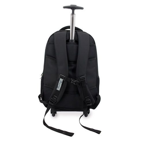 Zaino trolley nero con dettagli rossi. Tasca laterale in rete. Tasche con zip. Maniglia superiore.