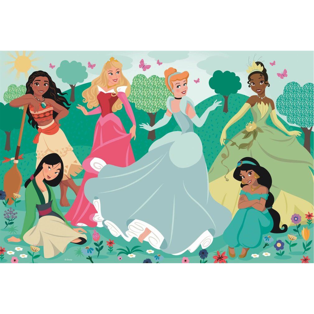 Puzzle con principesse Disney. Sei principesse in un giardino. Sole, alberi e farfalle sullo sfondo.