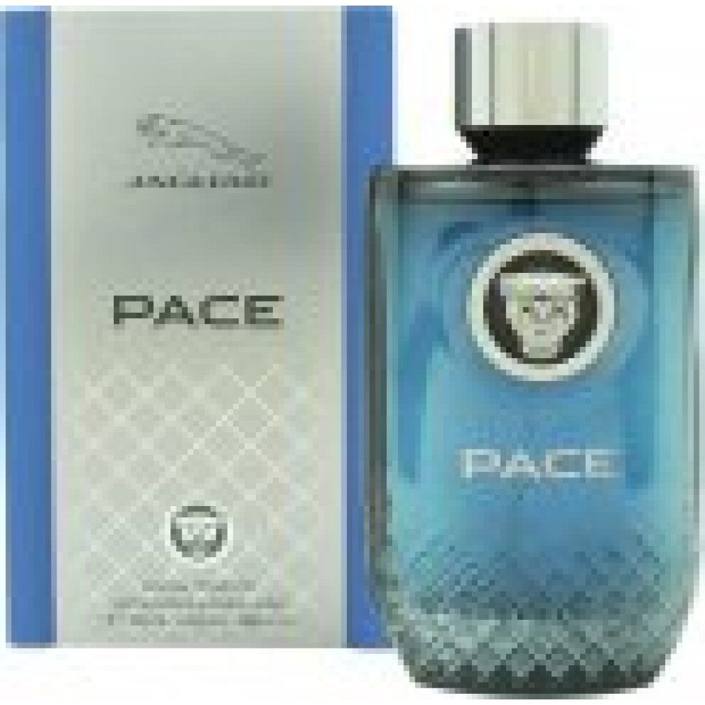 Spray Eau de Toilette blu con tappo argentato e logo. Flacone e confezione rettangolari con logo Jaguar e scritta PACE.
