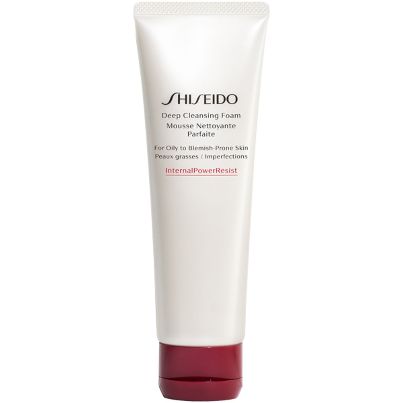 Tubo bianco con tappo rosso. Scritta: SHISEIDO Deep Cleansing Foam. Per pelli grasse e imperfezioni.