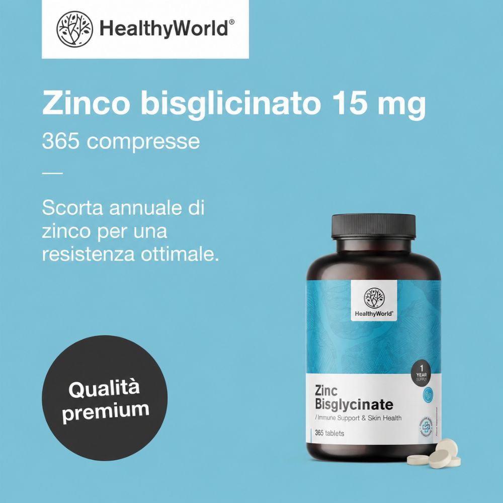 Flacone di Zinco Bisglicinato 15 mg, 365 compresse, scorta annuale per resistenza ottimale.