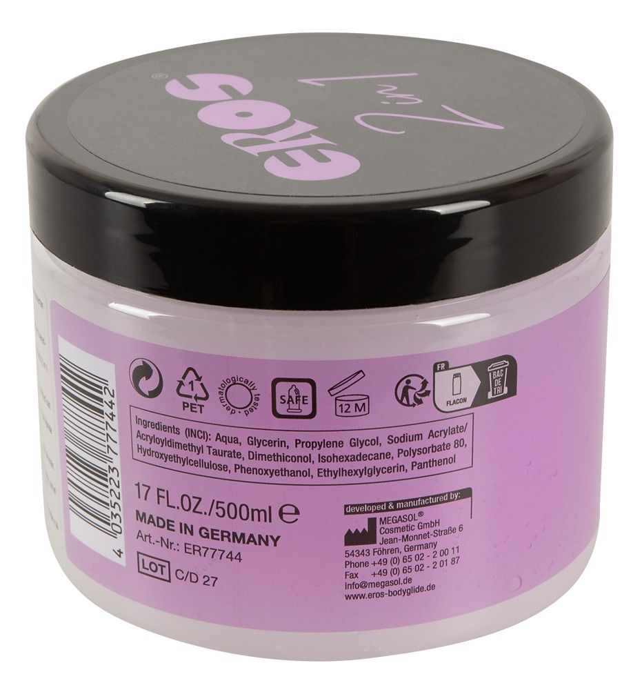 Vasetto rotondo con coperchio nero e il nome EROS. Scritta "2in1" e "fist #lube".