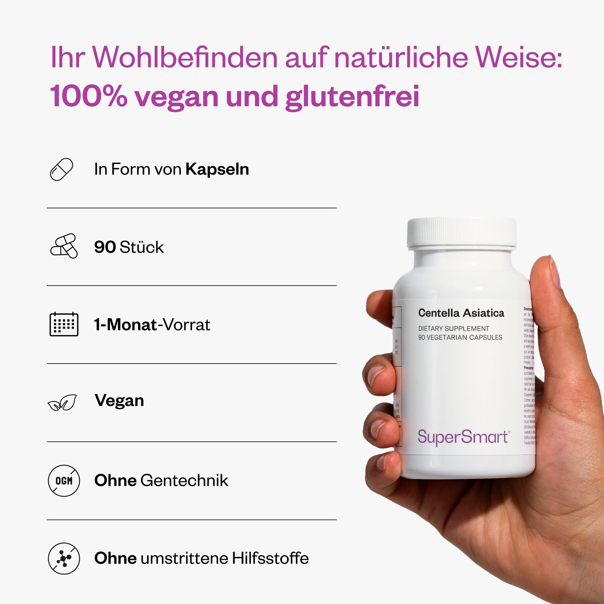 Una mano tiene una bottiglia bianca con 90 capsule vegetariane di Centella Asiatica, scorta per 1 mese.