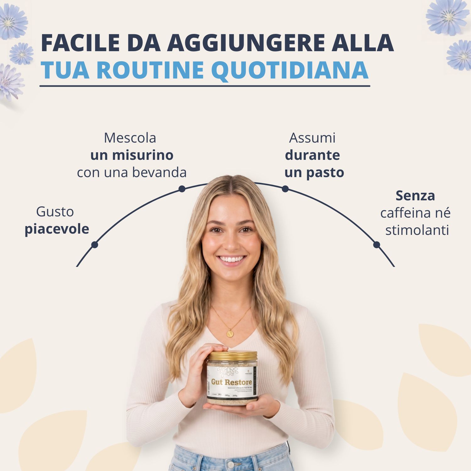 Donna tiene Golden Tree Gut Restore. Facile da integrare nella routine quotidiana.