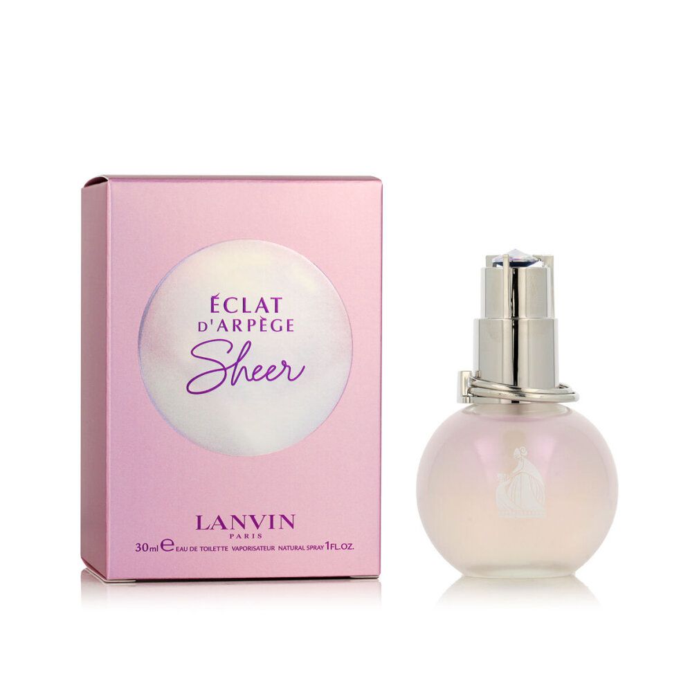 Scatola rosa e flacone. "Éclat d'Arpège Sheer" e "Lanvin" sulla scatola. Il flacone è rotondo e ha un vaporizzatore argentato.