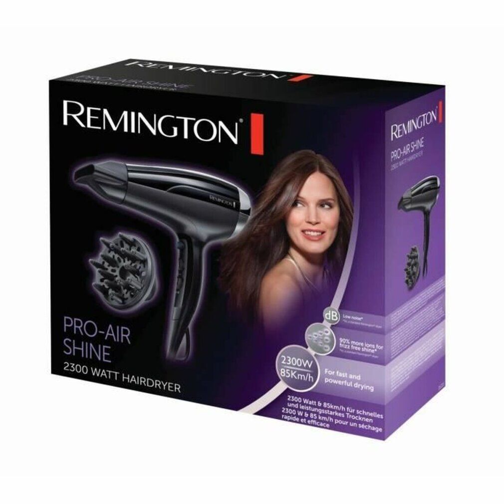 Confezione del prodotto. Asciugacapelli nero con diffusore. Marchio Remington. Stampa: Pro-Air Shine.