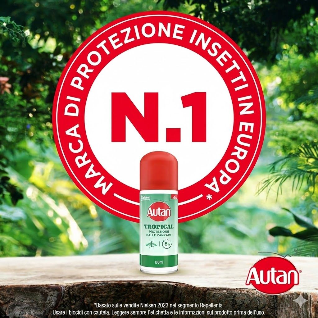 Etichetta rotonda con testo: Marchio n.1 per la protezione dagli insetti in Europa. Autan Tropical Spray. Tappo rosso.