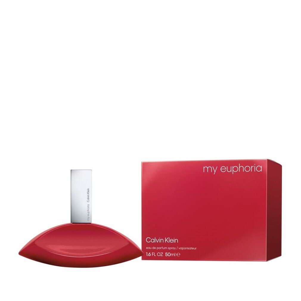 Flacone e confezione rossi. Flacone a forma di goccia con tappo argentato. Confezione con scritta "my euphoria" e "Calvin Klein".