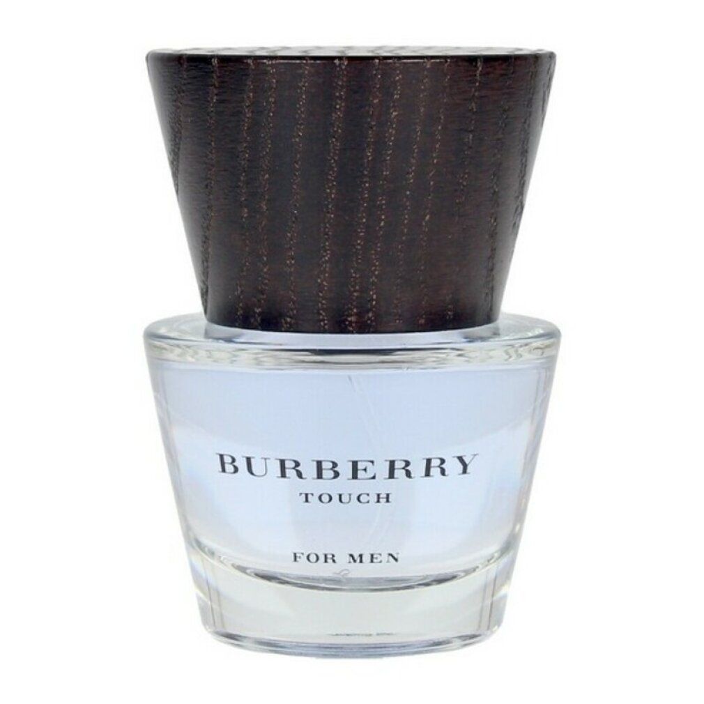 Burberry Touch for Men Eau de Toilette Spray. Flacone in vetro con tappo in legno. Nome del prodotto e logo visibili sul flacone.