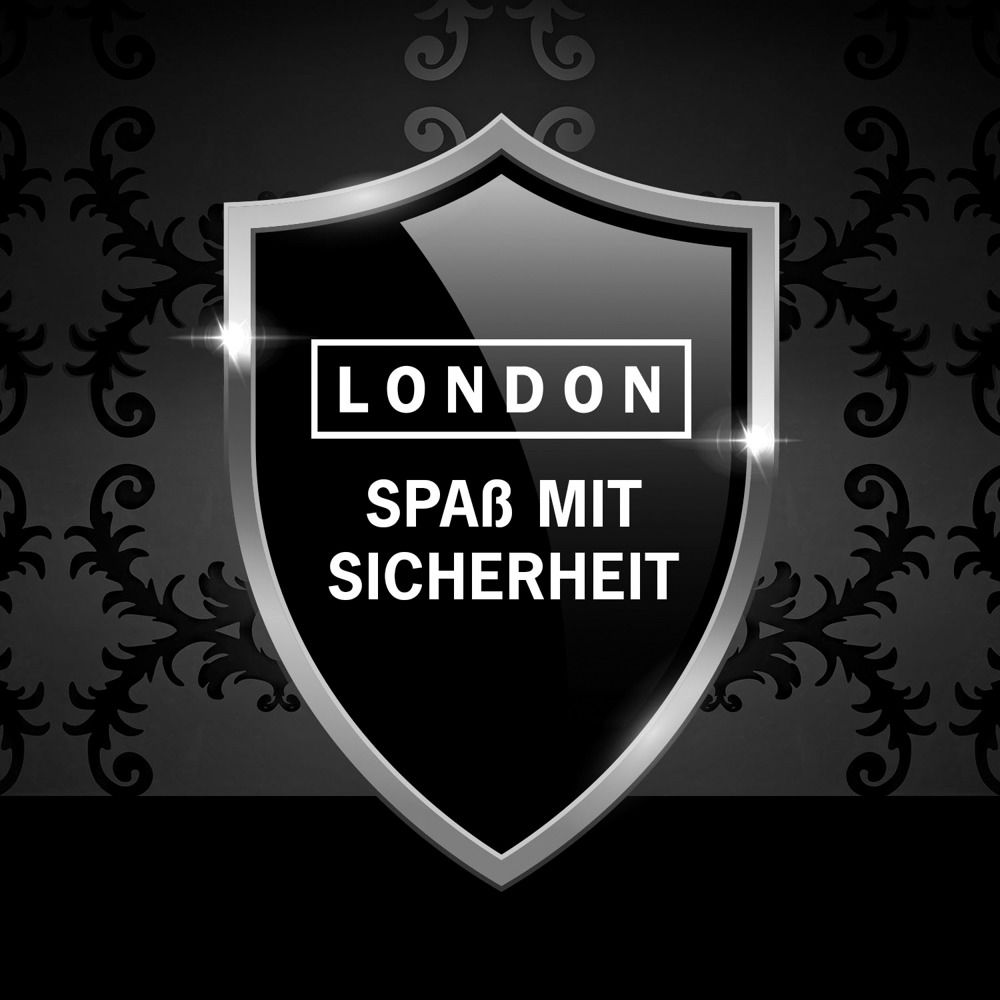 Scudo nero con bordo argentato. Testo: LONDON, DIVERTIMENTO IN SICUREZZA.