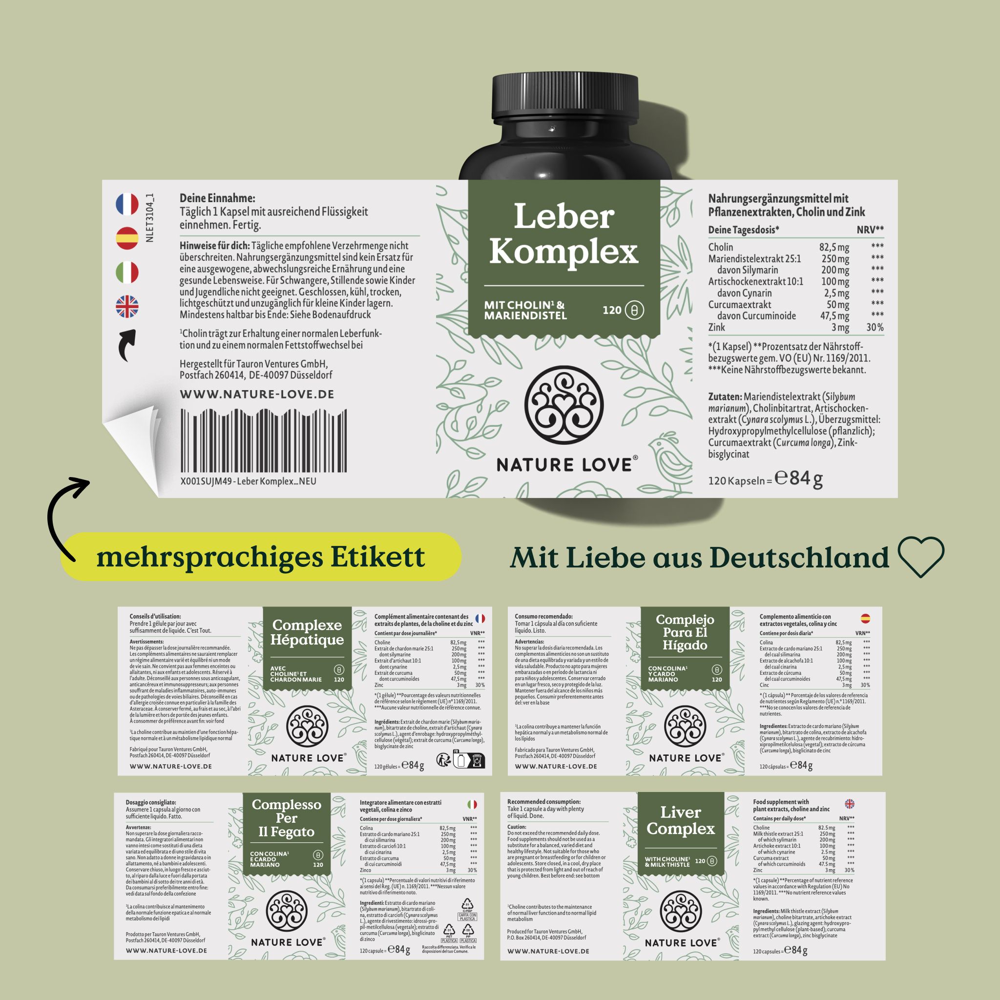 Etichetta del prodotto con informazioni multilingue. Testo: Leber Komplex. Con amore dalla Germania. Valori nutrizionali.
