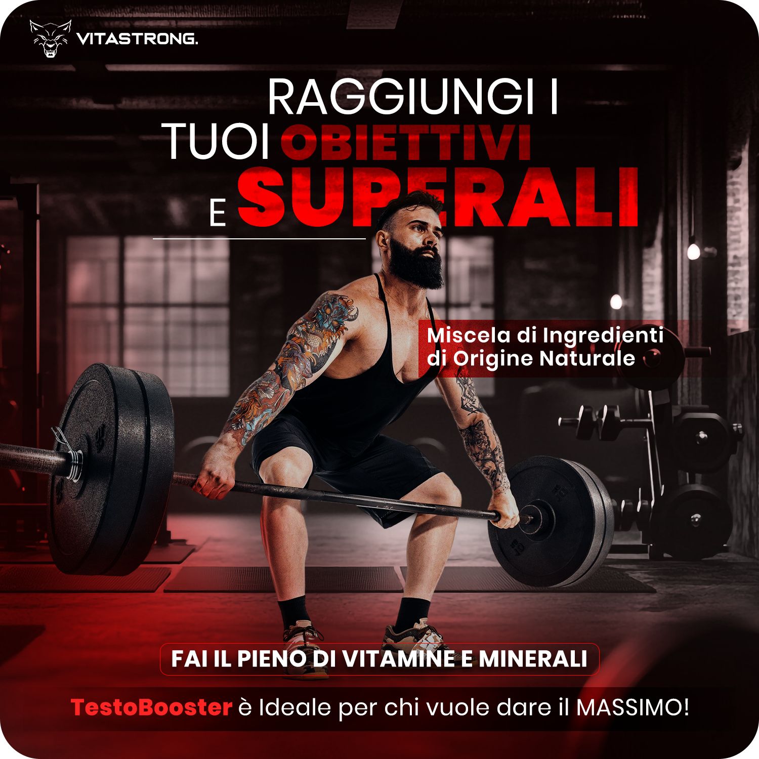 Uomo con una bottiglia di Vitastrong Testobooster; testo: "Benefici scientificamente provati".