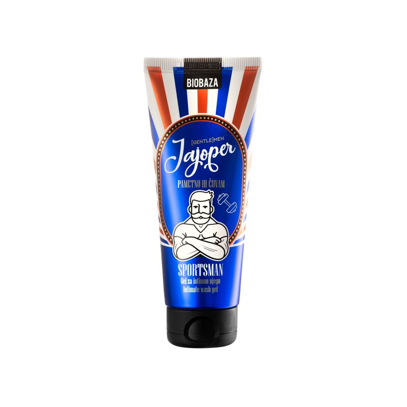 Tubo BIOBAZA Sportsman Jajoper blu con logo di uomo muscoloso. Contiene testo in serbo.