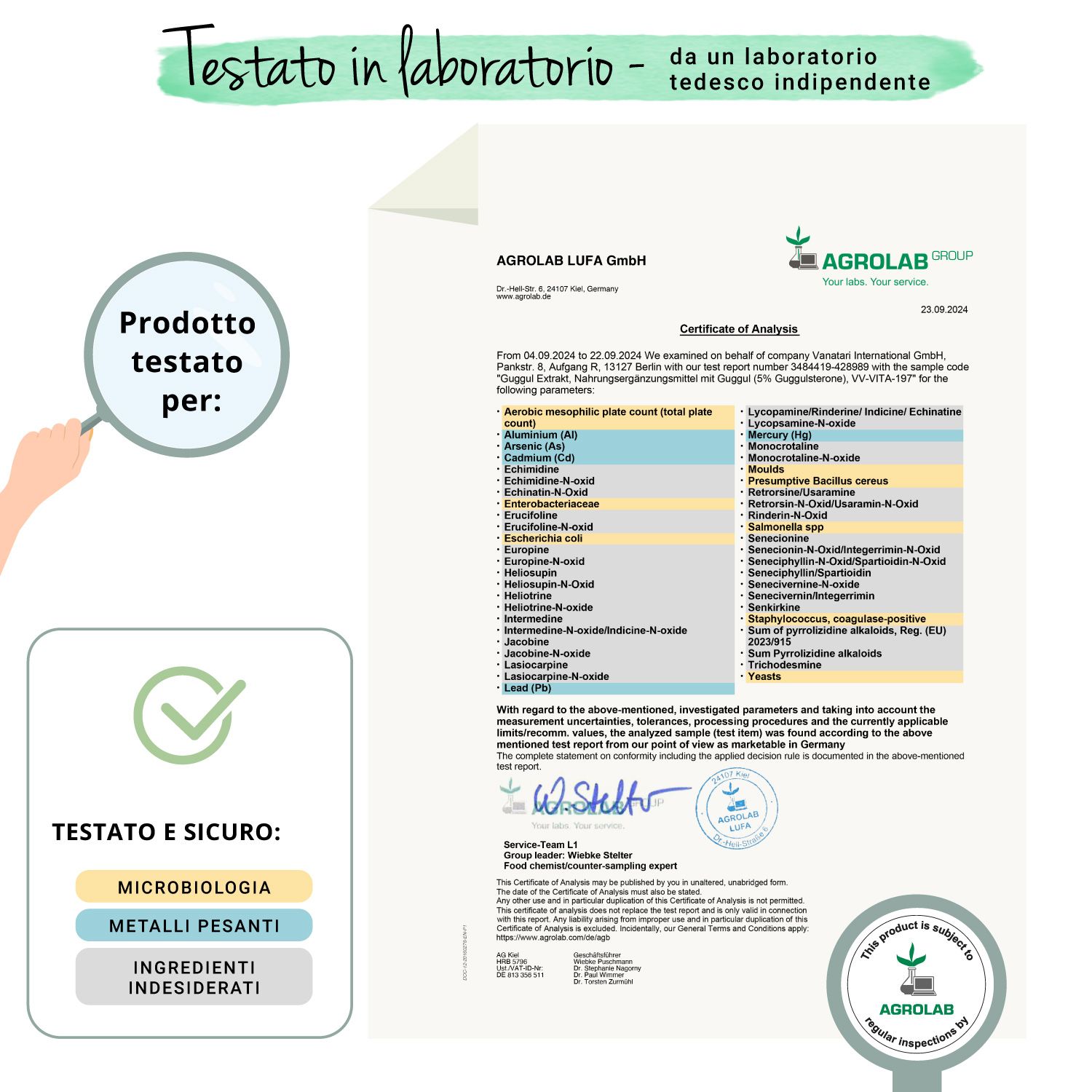 Rapporto di laboratorio Agrolab. Analisi Guggul. Controllo microorganismi, metalli pesanti e sostanze indesiderate.