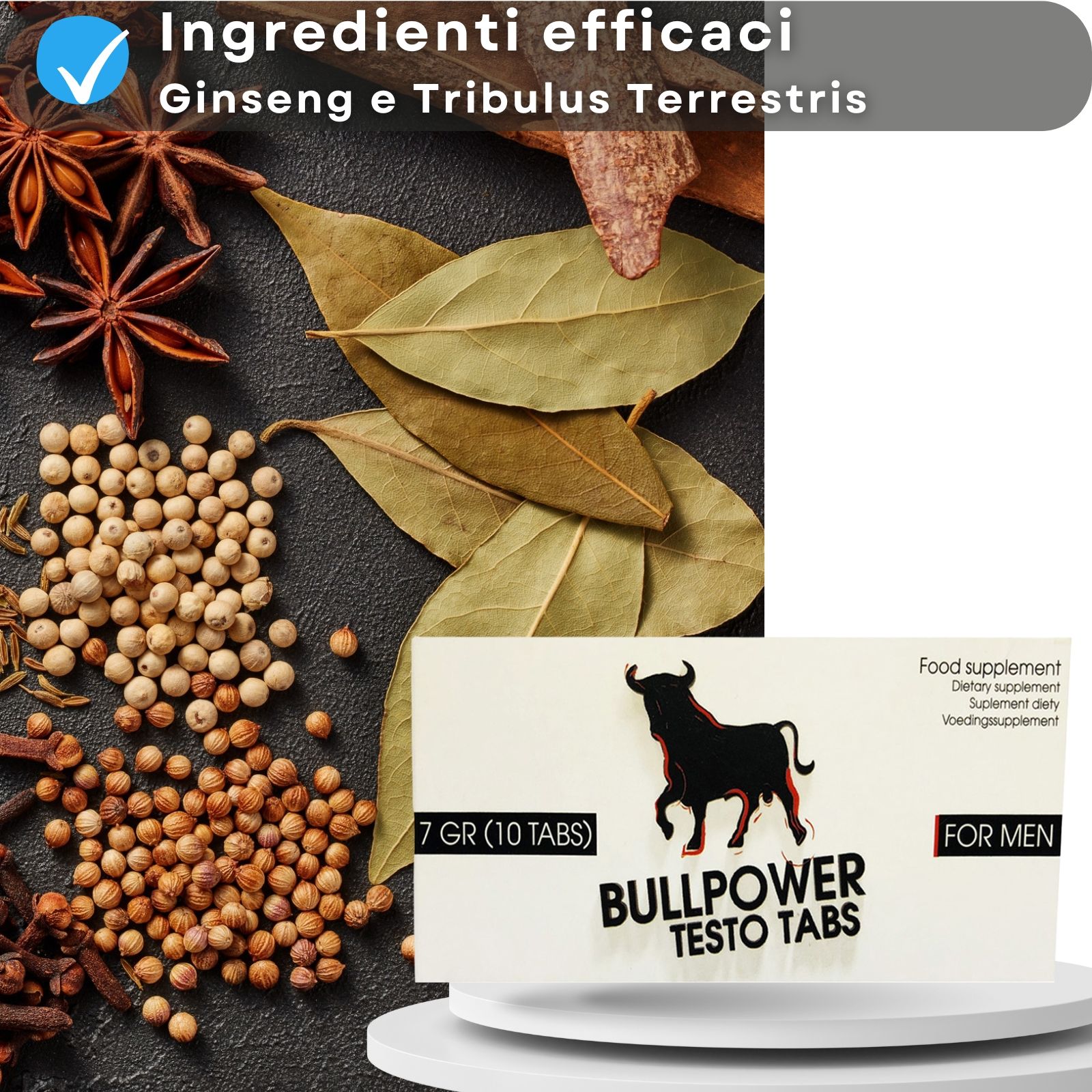 Varie spezie e scatola con scritta: Bullpower Testo Tabs, FOR MEN.